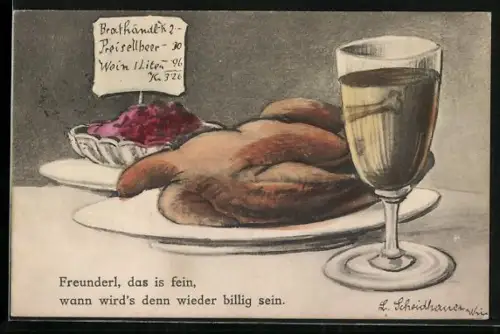 AK Stillleben mit Brathendl, Preiselbeeren und Wein