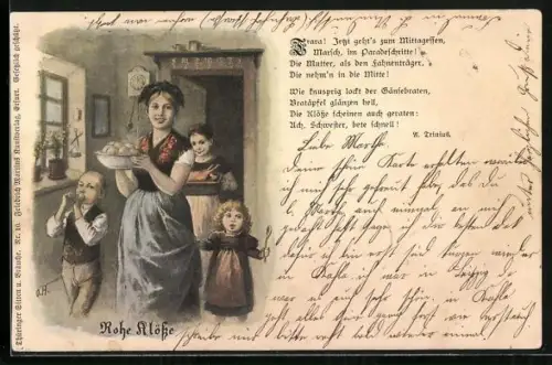 AK Mutter präsentiert das Mittagessen mit Brathähnchen und Rohen Klössen