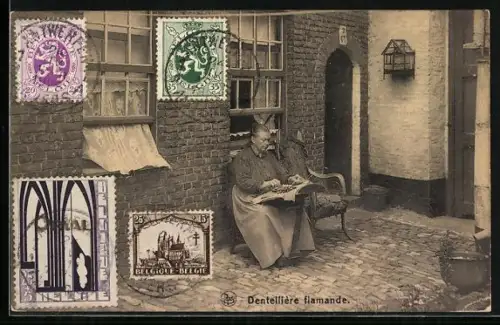 AK Dentellière flamande, Frau beim Klöppeln vor dem Haus