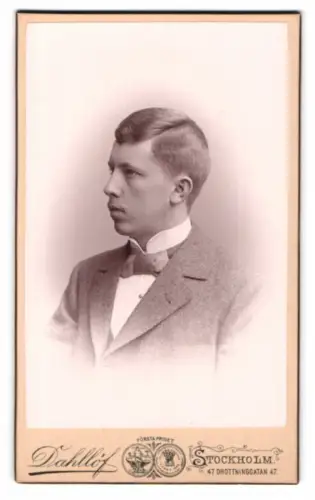 Fotografie Alfr. & son Dahllöf, Stockholm, Drottninggatan 47, Profil eines jungen Mannes
