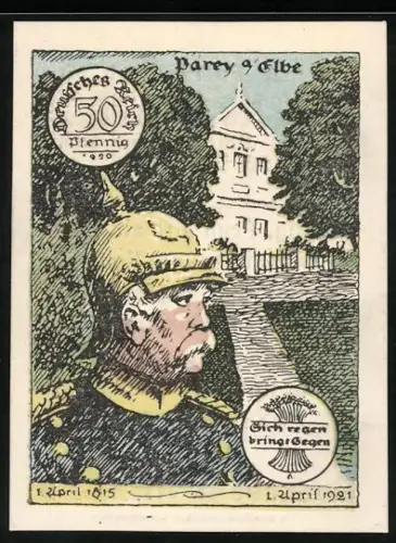 Notgeld Parey a/Elbe 1921, 50 Pfennig, Ausgabe B, Weisse Münze, Ohne WZ, Bismarck-Porträt und Gebäude im Hintergrund