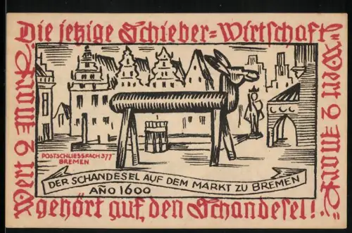 Notgeld Bremen 1921, 2 Mark, Schieber-Wirtschaft, Schandesel auf dem Markt, Die Weisen von Zion, Deutscher Tag
