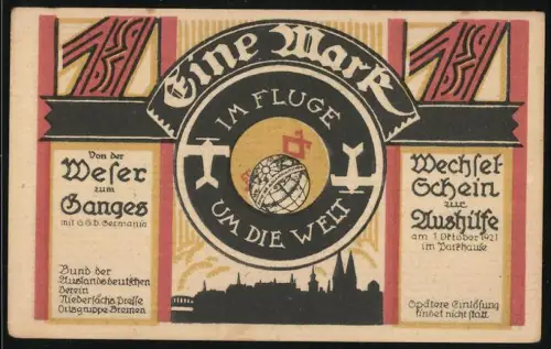 Notgeld Bremen 1921, 1 Mark, Bund der Auslanddeutschen, Weser zum Ganges mit S.S.D. Germania, Serie B, KN 1752