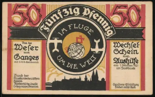 Notgeld Bremen 1921, 50 Pfennig, Bund der Auslanddeutschen, Weser zum Ganges mit S.S.D. Germania, Serie A, KN 0067