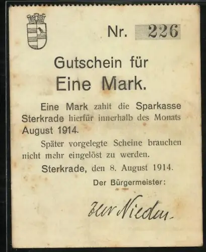 Notgeld Sterkrade 1914, 1 Mark, Gutschein mit Wappen und Unterschrift des Bürgermeisters, KN 226