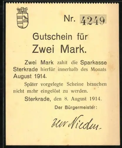 Notgeld Sterkrade 1914, 2 Mark, Gutschein mit Wappen und Bürgermeister Signatur, KN 4249