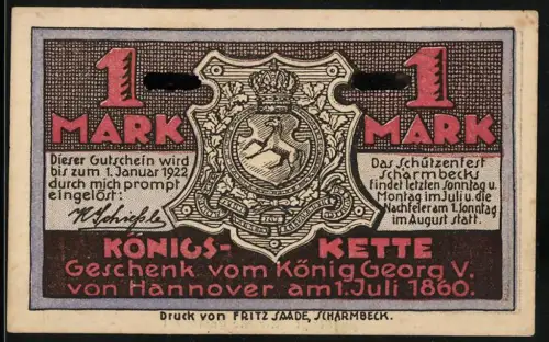 Notgeld Scharmbeck 1922, 1 Mark, Schützenhof mit Schiessständen, Aufdruck: Ungültig ! Nur für Sammler !