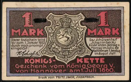 Notgeld Scharmbeck 1922, 1 Mark, Schützenhof Schiessstände, Aufdruck: Ungültig ! Nur für Sammler !