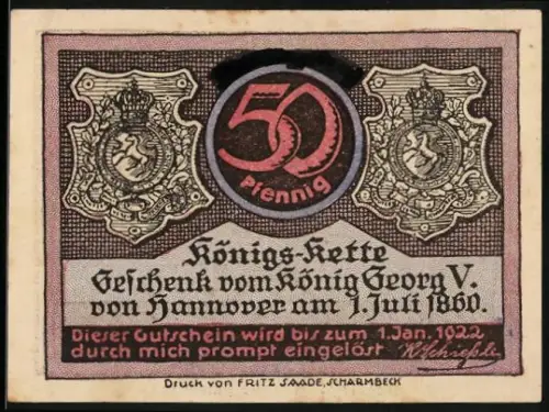 Notgeld Scharmbeck 1922, 50 Pfennig, Schützenhof mit Schiessständen, Aufdruck: Ungültig ! Nur für Sammler !