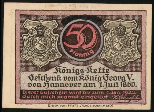 Notgeld Scharmbeck 1922, 50 Pfennig, Schützenhof mit Schiessständen, Aufdruck: Ungültig ! Nur für Sammler !