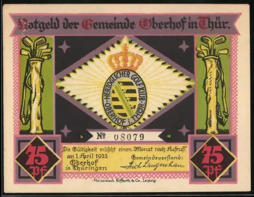 Notgeld Oberhof / Thüringen 1922, 75 Pfennig, Herzoglicher Golf-Klub, Golfwiese des Herzoglichen Golf-Klubs