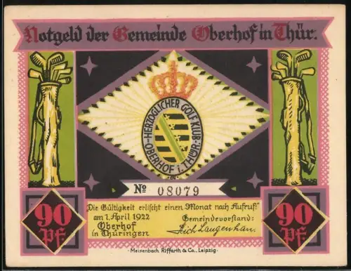Notgeld Oberhof / Thüringen 1922, 90 Pfennig, Herzoglicher Golf-Klub, Golfspieler des Herzoglichen Golf-Klubs