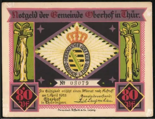Notgeld Oberhof / Thüringen 1922, 80 Pfennig, Herzoglicher Golf-Klub, Klubhaus des Herzoglichen Golf-Klubs