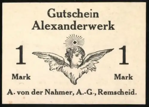 Notgeld Remscheid, 1 Mark, geflügelter Engelkopf, Alexanderwerk-Gutschein A. von der Nahmer AG, KN 2555
