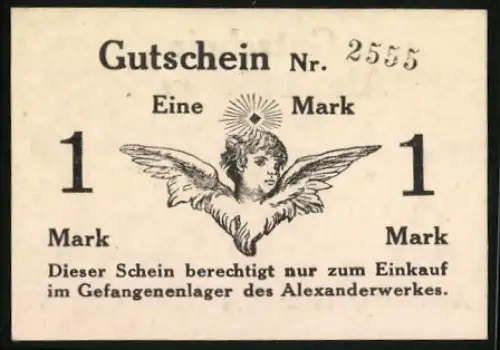 Notgeld Remscheid, 1 Mark, geflügelter Engelkopf, Alexanderwerk-Gutschein A. von der Nahmer AG, KN 2555