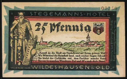 Notgeld Wildeshausen, 25 Pfennig, Krieger und Hotel Stegemann, Landschaft und Gebäude