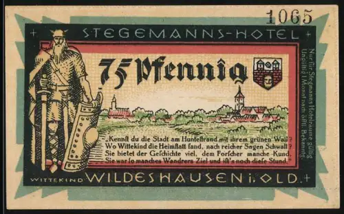 Notgeld Wildeshausen, 75 Pfennig, Stegemanns-Hotel, Krieger mit Stadtansicht und Rathaus in Wildeshausen