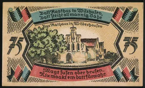 Notgeld Wildeshausen, 75 Pfennig, Stegemanns-Hotel, Krieger mit Stadtansicht und Rathaus in Wildeshausen