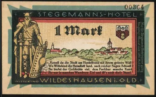 Notgeld Wildeshausen, 1 Mark, Stegemanns-Hotel, Krieger und Alexanderskirche mit Stadtansicht und Wappen