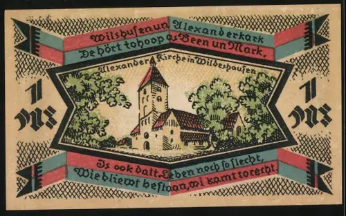 Notgeld Wildeshausen, 1 Mark, Stegemanns-Hotel, Krieger und Alexanderskirche mit Stadtansicht und Wappen