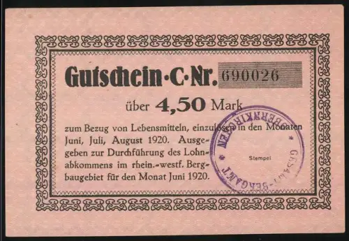 Notgeld Obernkirchen 1920, 4,50 Mark, Gutschein für Lebensmittelbezug mit Stempel Gesamt-Bergamt Obernkirchen
