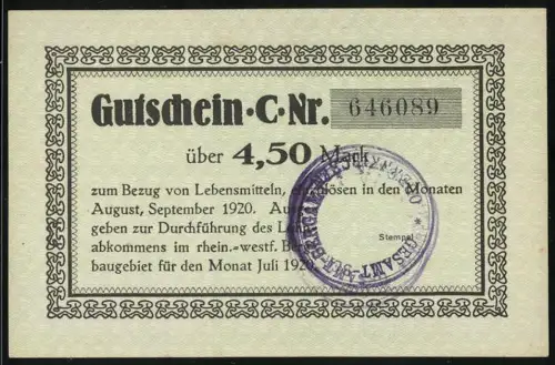 Notgeld Obernkirchen 1920, 4,50 Mark, Gutschein für Lebensmittelbezug mit Stempel Gesamt-Bergamt Obernkirchen