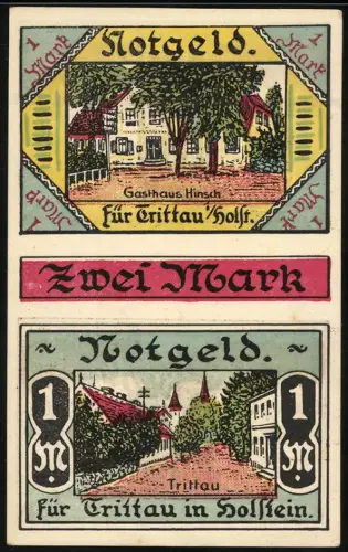 Notgeld Trittau / Holstein, 2 Mark, Gasthaus Hinsch und Ortsansicht, Landschaft mit Bäumen