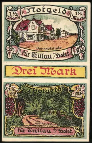 Notgeld Trittau / Holstein, 3 Mark, Bahnhofstrasse und Weinbusch-Szene mit Bäumen