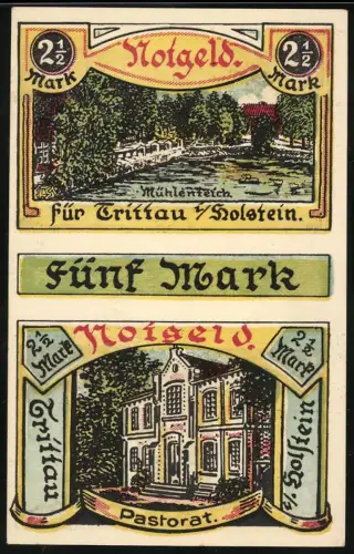 Notgeld Trittau / Holstein, 5 Mark, Mühlenteich und Pastorat, Rückseitig Eiche mit Zwiesel-Wuchs