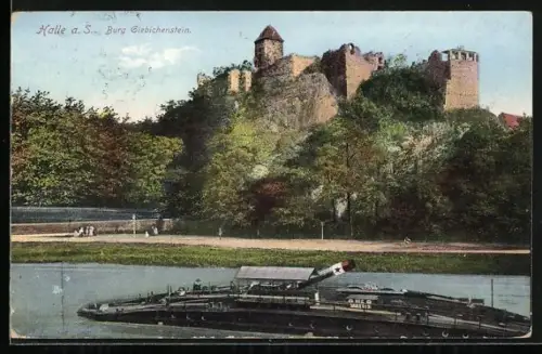 AK Halle a. S., Burg Giebichenstein, Saale, Schleppkahn Olaf Walters