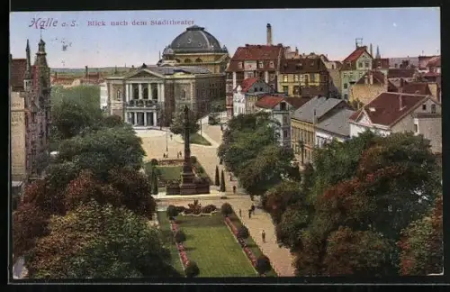 AK Halle a. S., Stadttheater, Parkanlage