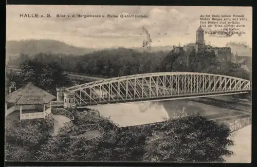 AK Halle a. S., Bergschenke, Brücke, Ruine Giebichenstein