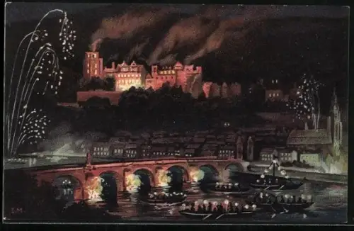 Künstler-AK Heidelberg, Schlossbeleuchtung, Alte Brücke, Feuerwerk