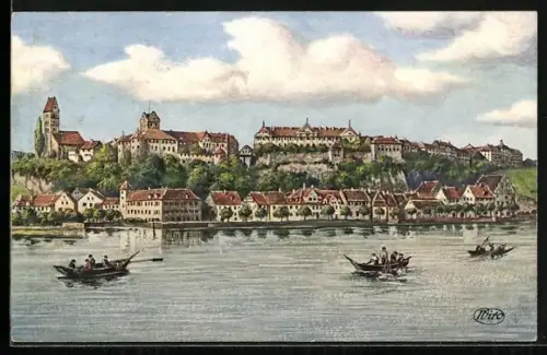 Künstler-AK Meersburg am Bodensee, Altstadt, Burg, Blick vom See