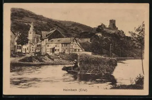 AK Heimbach /Eifel, Ortsansicht mit Kirche, Fachwerkhäusern und Burg