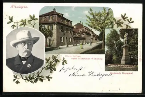 AK Kissingen, Obere Saline, Fürst Bismarcks Wohnung, Bismarck Denkmal