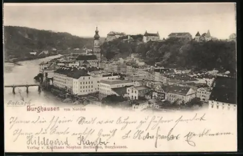 AK Burghausen / Salzach, Stadtansicht von Norden mit Burg