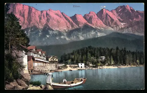 AK Eibsee, Seeufer mit Booten und kollagiertem Bergpanorama