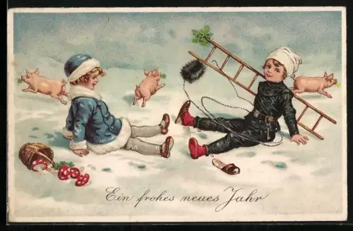Künstler-AK Kleiner Schornsteinfeger und Kind sind im Schnee zusammengestossen