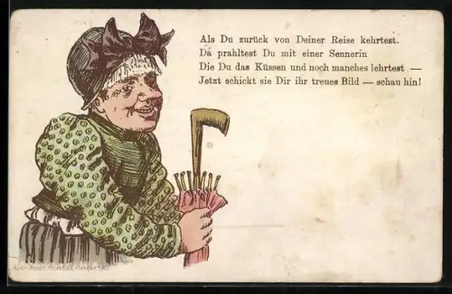 Lithographie Dame mit Schirm und Gedicht