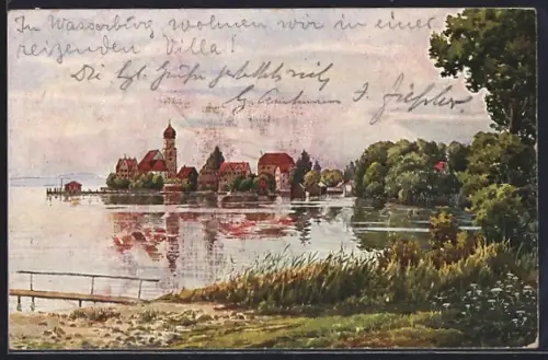 Lithographie Wasserburg am Bodensee, Kirche und Uferpartie