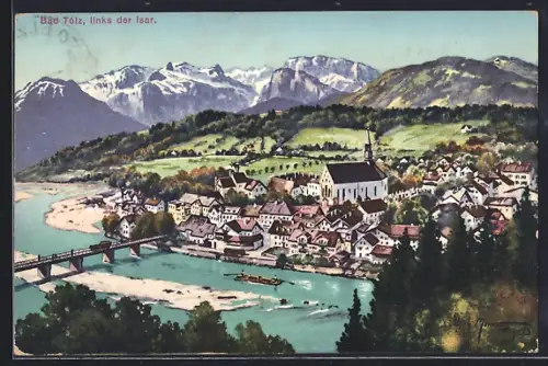 AK Bad Tölz, Stadtansicht mit Kirche und Brücke