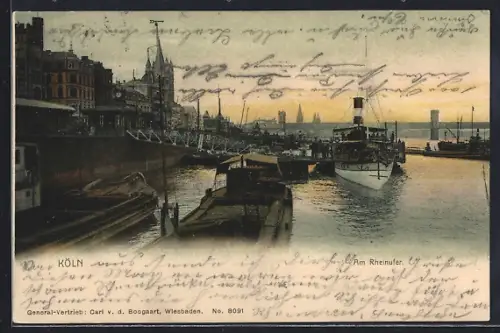 AK Köln, Rheinufer mit Dampfschiff und Dom im Hintergrund