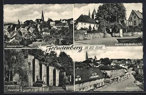 AK Fröndenberg an der Ruhr, Gesamtansicht, Ehrenmal, Marktplatz, Partie a.d. Stiftskirche