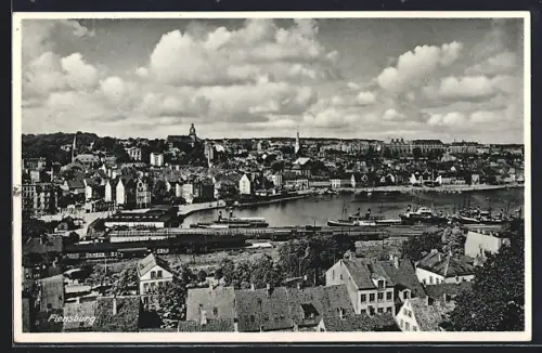 AK Flensburg, Stadtansicht mit Hafen und Förde