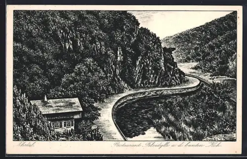 Künstler-AK Walporzheim /Ahrtal, Restaurant Felsidylle an der bunten Kuh, Inh. Wilhelm Repp