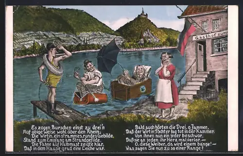 AK Königswinter, Humoristische Szene, Es zogen Burschen einst zu drei`n Auf obige Weise wohl über den Rhein