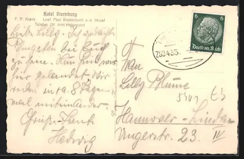 AK Loef /Brodenbach, Blick auf Hotel Sternburg, Bes. F. P. Kranz