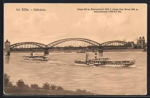 AK Köln-Neustadt, Südbrücke, Dampfschiffe auf dem Rhein