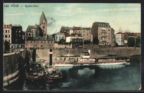 AK Köln, Lyskirchen, Dampfschiffe am Rheinufer